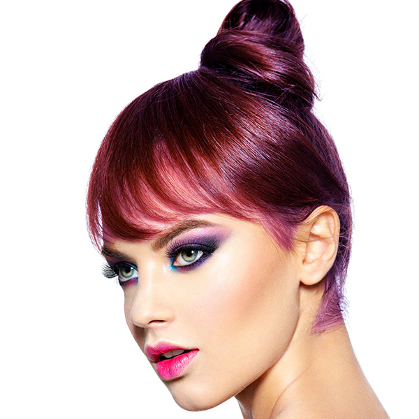 model with bun on top of her head