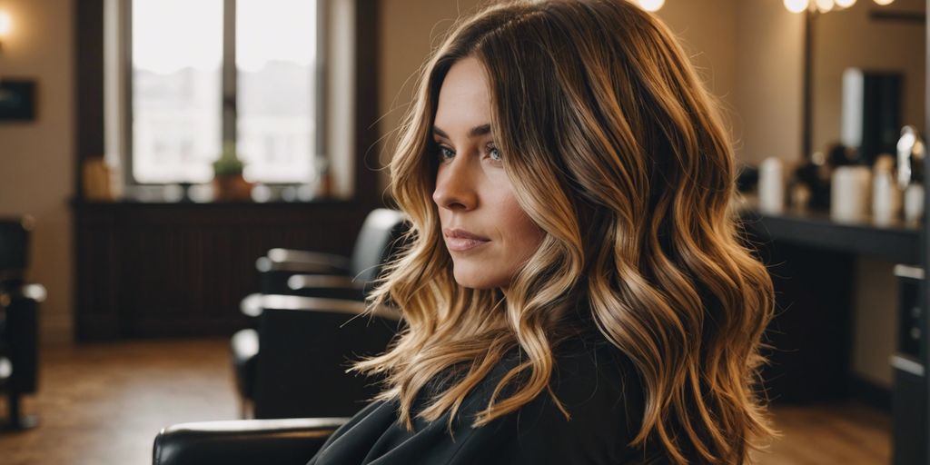 Woman with balayage highlights in a salon chair.