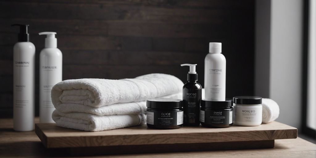 Hair spa essentials like shampoos, conditioners, and hair masks arranged on a wooden counter in a serene spa setting.