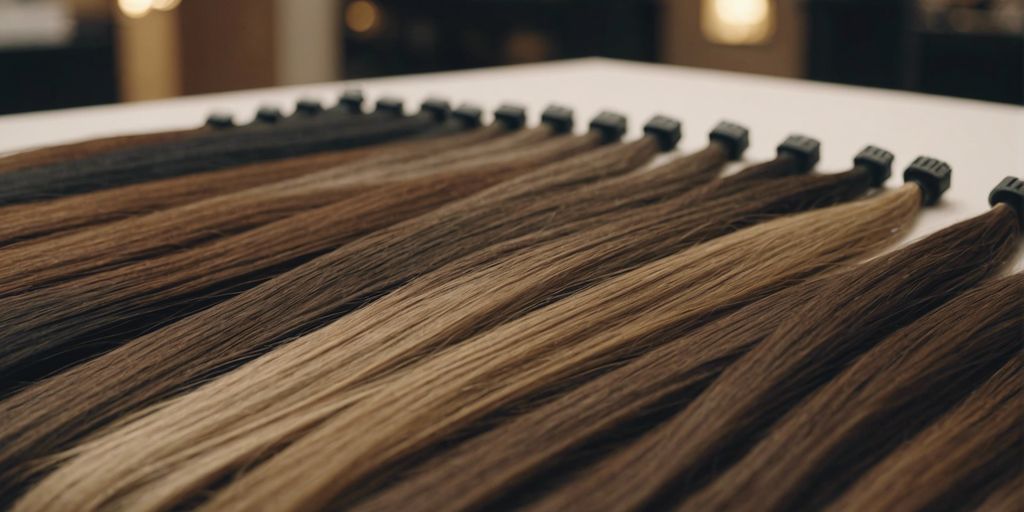 Close-up of luxurious hair extensions on a salon table with a price tag in the background, highlighting cost.