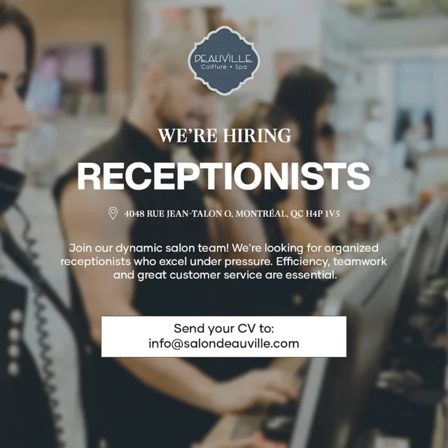 WE’RE HIRING! Do you want to be part of the Deauville Team? 

We are on the hunt for Receptionists. Think you have what it takes? Email your resume to info@salondeauville.com or DM US!

•
•
•
•
#hiring #hiringnow #jobsearch #jobsearching #mtljobs #werehiring #montreal #montrealjobs #receptionist #salon #hairdresser